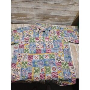 Separate Issue Womens Patchwork Heart Floral Button Down Shirt Multicolor S/M